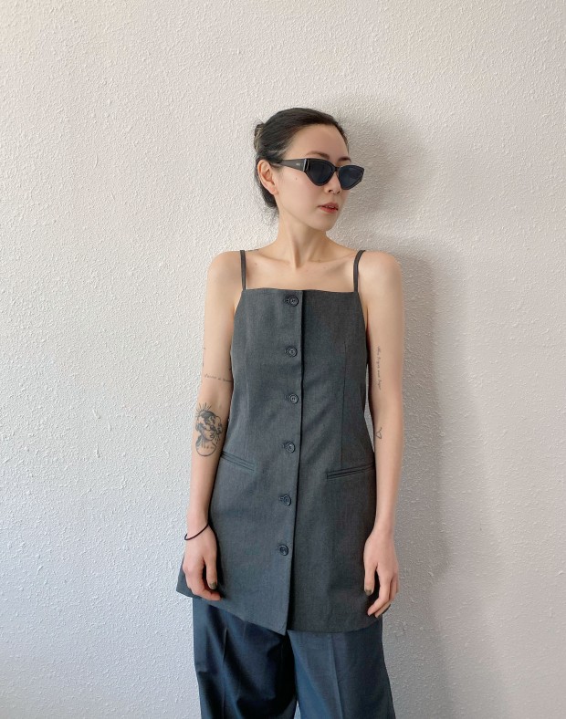 Grey Longline Button Up Top #250343